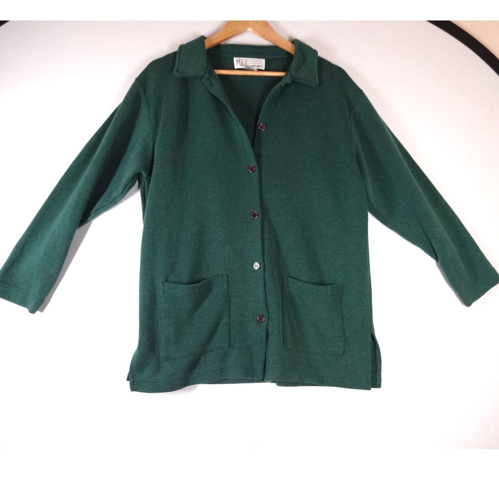 VTG Cardigan Sweater Women M Green Button Front Collared Ribbed Knit Classic